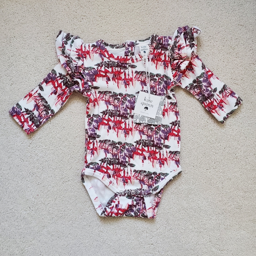 NWT Kate Quinn Baby Girl Ruffle Shoulder Floral Watercolor Bodysuit sz6-12m